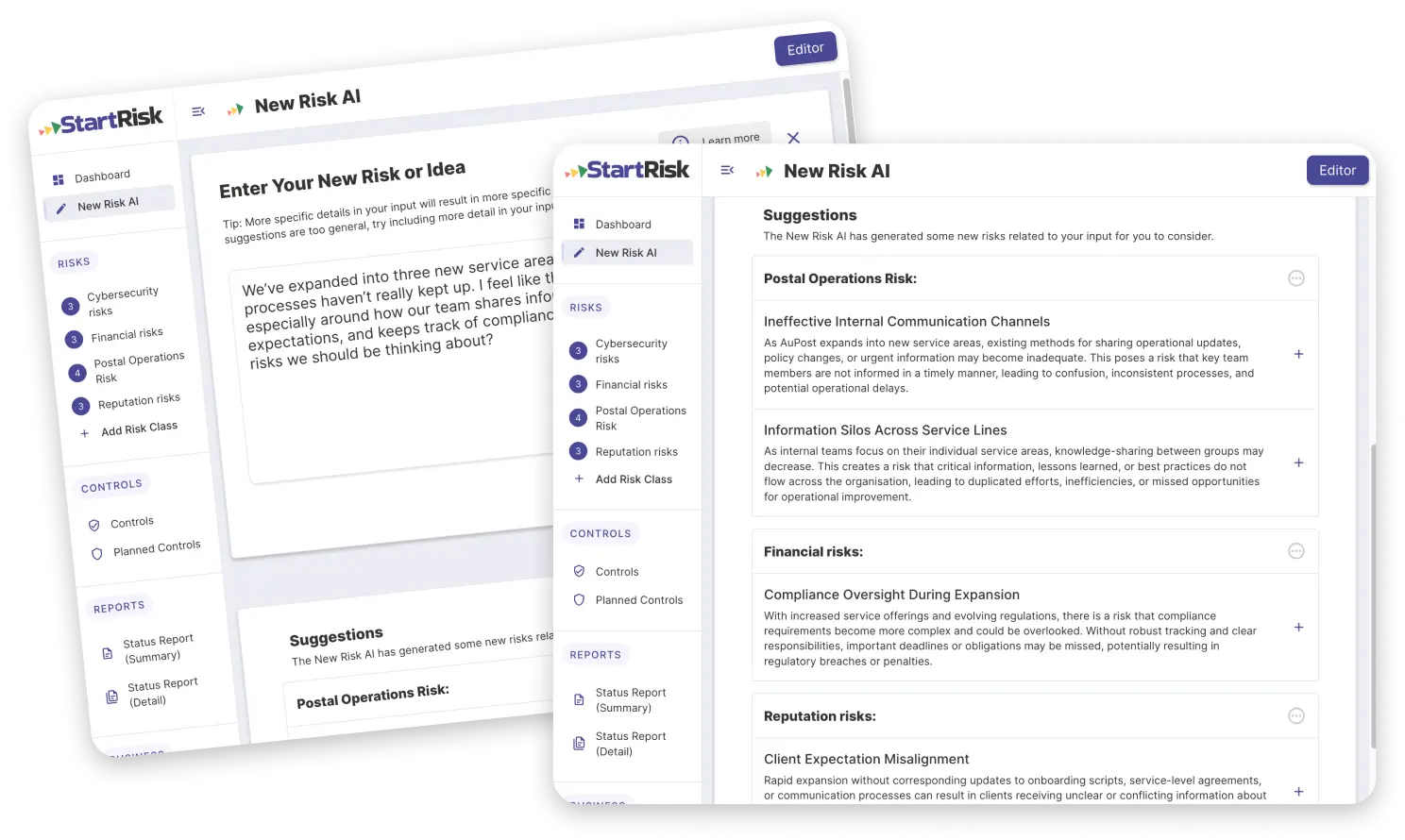 StartRisk's New Risk AI: a manager types in what is happening, and the AI suggests the risks to consider, grouped by risk class, each with an add button.